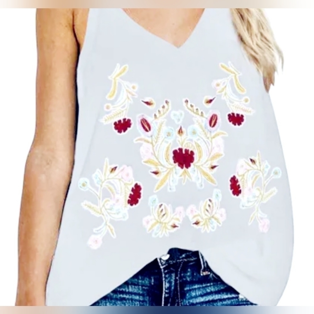Tecrew Women’s Boho Embroidered V Neck Sleeveless Blouse Tank Top Large …